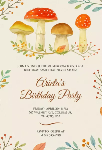 Whimsical Mushroom Theme Colorful Birthday Celebration Invitation Template
