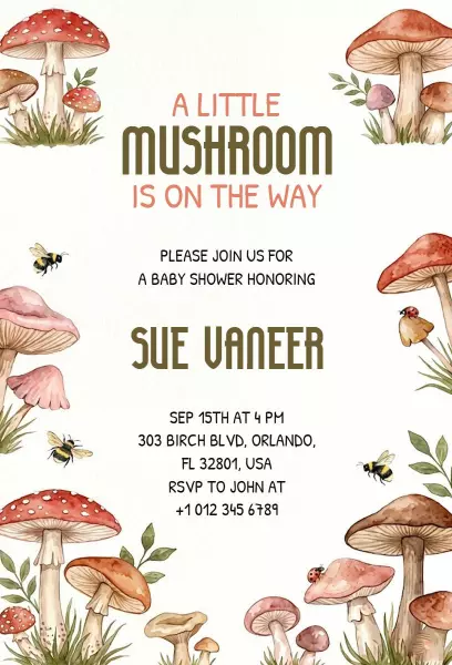 Whimsical Mushroom Themed Baby Shower Invitation Template