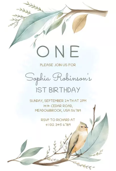 Whimsical Nature Theme 1st Birthday Celebration Invitation Template