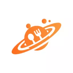 Whimsical Orange Planet with Fork and Spoon Restaurant Logo Template