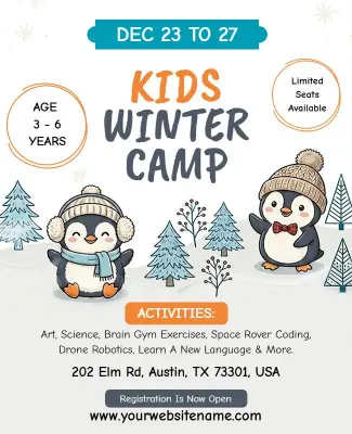 Whimsical Penguin-Themed Kids Winter Camp Flyer Template