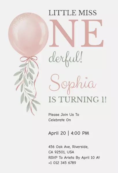 Whimsical Pink Balloon 1st Birthday Celebration Invitation Template