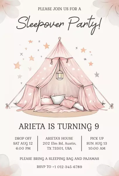 Whimsical Pink Tent Sleepover Party Celebration Invitation Template
