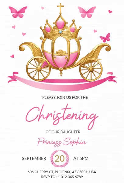 Whimsical Princess Carriage Pink Christening Invitation Template
