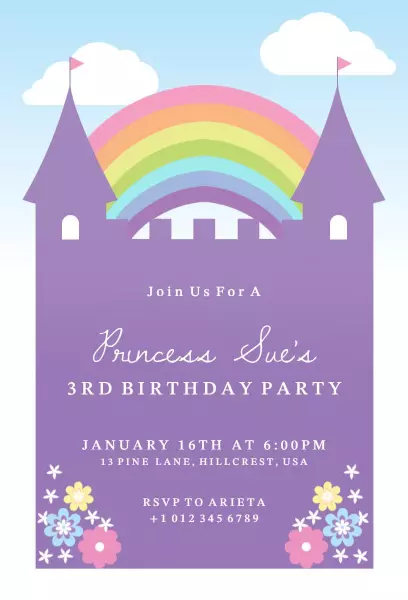 Whimsical Princess Castle 3rd Birthday Celebration Invitation Template