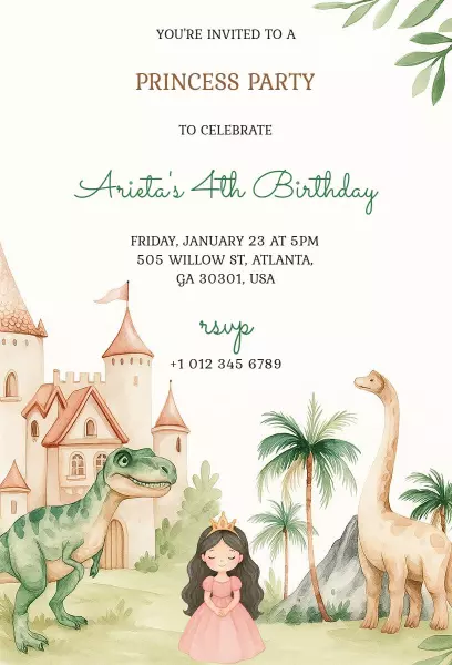 Whimsical Princess Dinosaur Adventure Birthday Invitation Template