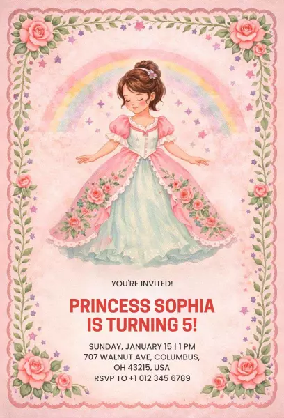 Whimsical Princess Theme Enchanted Birthday Celebration Invitation Template