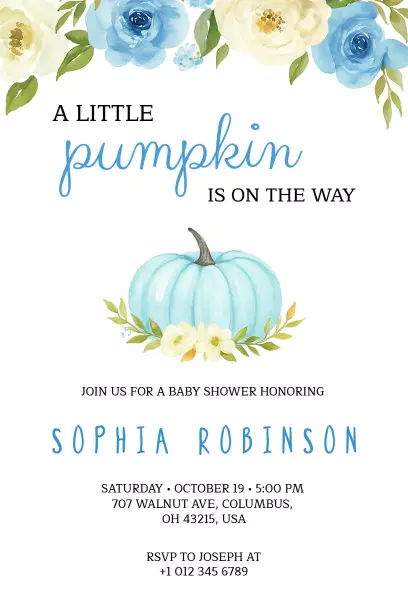 Whimsical Pumpkin Blue Floral Fall Baby Shower Invitation Template