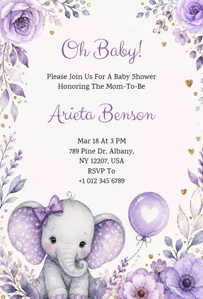 Whimsical Purple Elephant Baby Shower Celebration Invitation Template