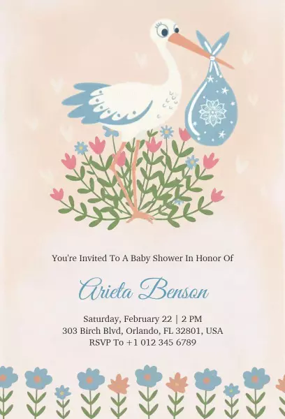 Whimsical Stork Theme Baby Shower Celebration Invitation Template