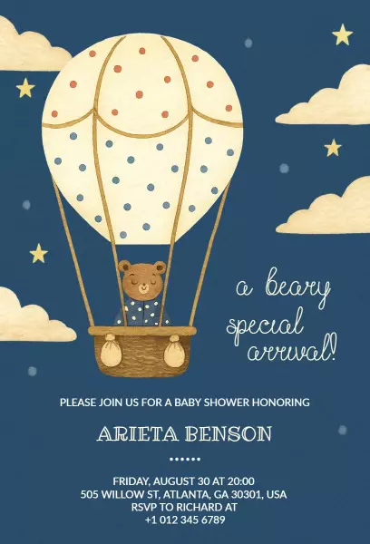 Whimsical Teddy Bear Hot Air Balloon Baby Shower Invitation Template