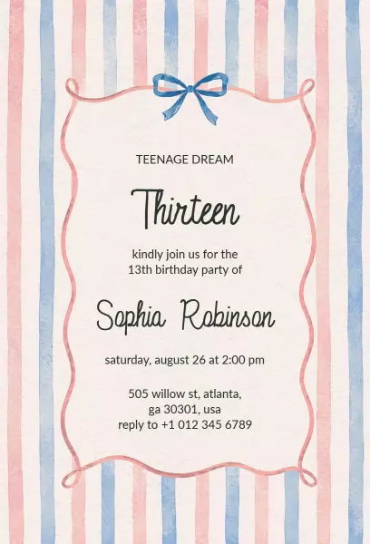 Whimsical Teenage Dream 13th Birthday Celebration Invitation Template