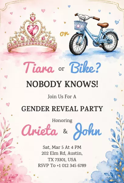 Whimsical Tiara or Bike Gender Reveal Party Invitation Template