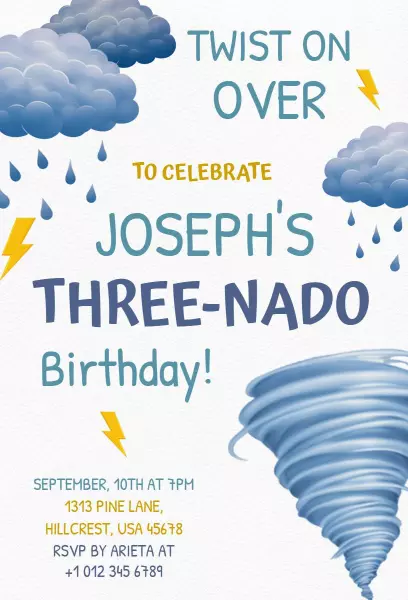 Whimsical Tornado Theme Three-Nado Birthday Invitation Template