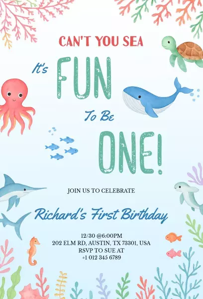 Whimsical Under the Sea 1st Birthday Celebration Invitation Template