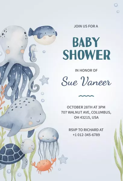 Whimsical Underwater Ocean Theme Baby Shower Invitation Template