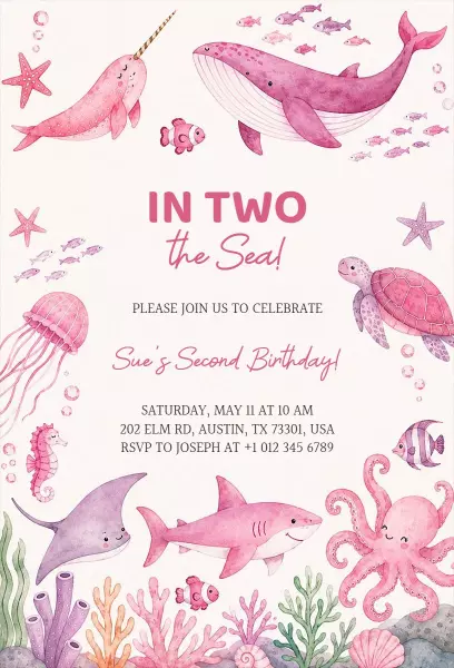 Whimsical Underwater Sea Theme Second Birthday Invitation Template