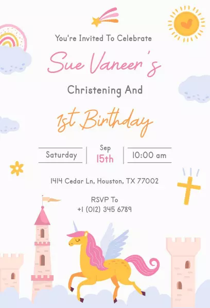 Whimsical Unicorn 1st Birthday Celebration Invitation Template