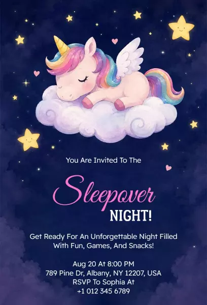 Whimsical Unicorn Sleepover Party Celebration Invitation Template