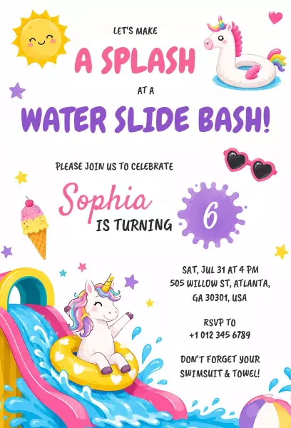 Whimsical Unicorn Water Slide Birthday Celebration Invitation Template