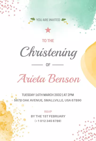 Whimsical Watercolor Floral Christening Celebration Invitation Template