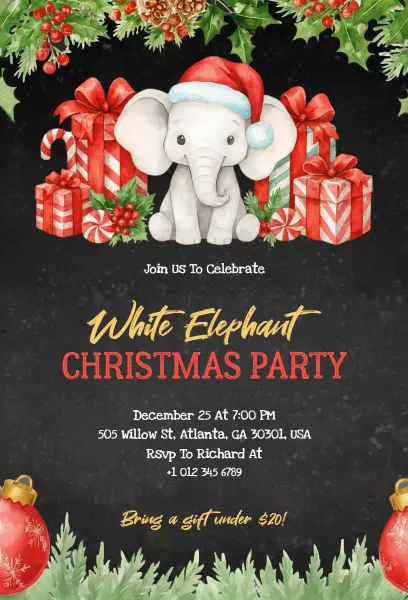 Whimsical White Elephant Christmas Party Invitation Template