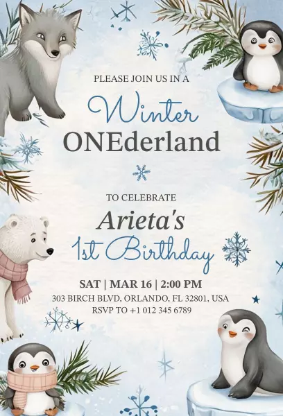Whimsical Winter Wonderland First Birthday Celebration Invitation Template