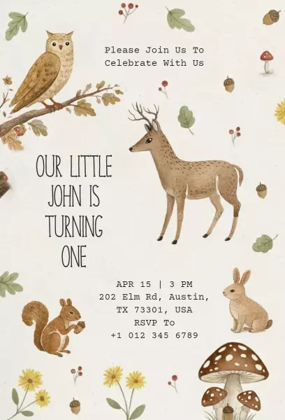 Whimsical Woodland Animals 1st Birthday Celebration Invitation Template