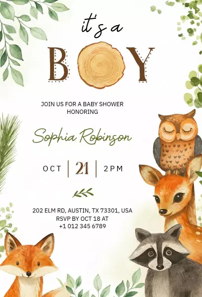 Whimsical Woodland Baby Boy Shower Celebration Invitation Template