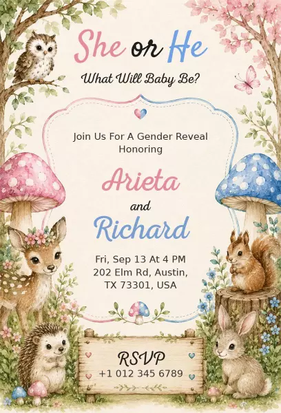 Whimsical Woodland Theme Gender Reveal Celebration Invitation Template