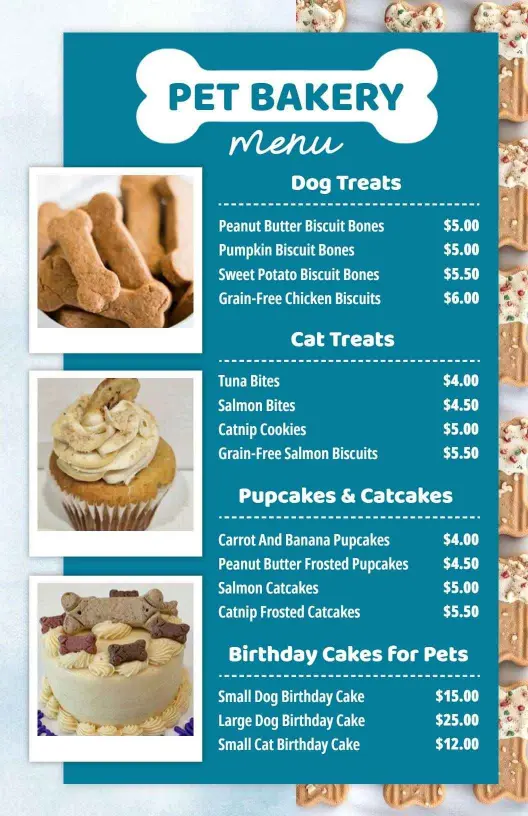 Wholesome Dog Treats and Delicious Cat Cakes Bakery Menu Template