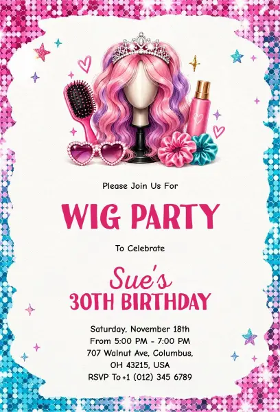Wig Party Themed Birthday Celebration Invitation Template