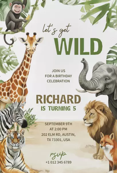 Wild Animal Safari Adventure Birthday Invitation Template