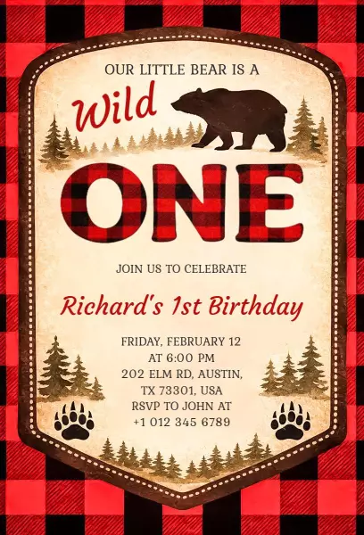 Wild Bear Adventure 1st Birthday Celebration Invitation Template