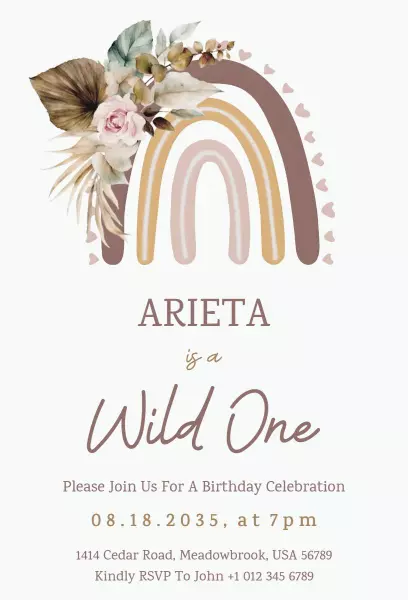 Wild One Rainbow 1st Birthday Celebration Invitation Template