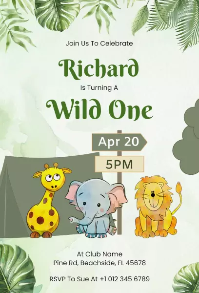 Wild One Safari Animal Adventure Birthday Invitation Template