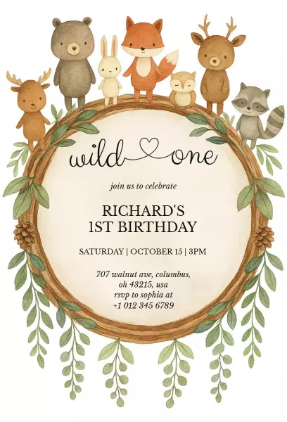 Wild One Safari Animal Birthday Celebration Invitation Template