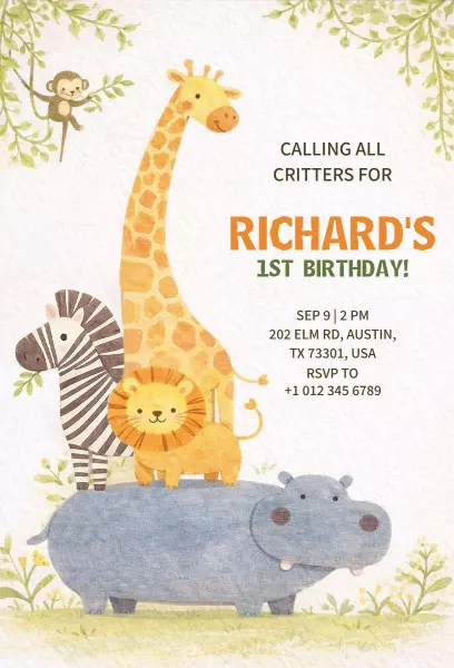 Wild Safari Adventure 1st Birthday Celebration Invitation Template