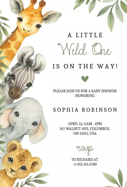 Wild Safari Adventure Baby Shower Celebration Invitation Template