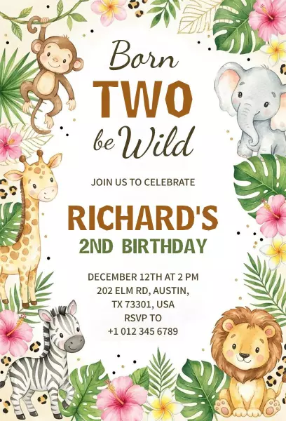 Wild Safari Animal Adventure Birthday Celebration Invitation Template