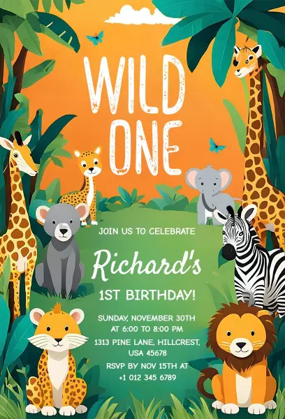 Wild Safari Animals Fun Birthday Celebration Invitation Template