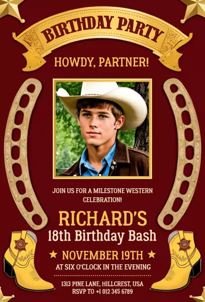 Wild West Cowboy Themed 18th Birthday Celebration Invitation Template