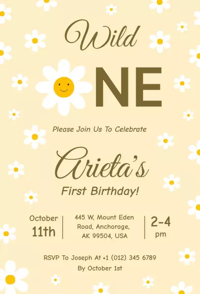 Wildflower Theme Cheerful 1st Birthday Celebration Invitation Template