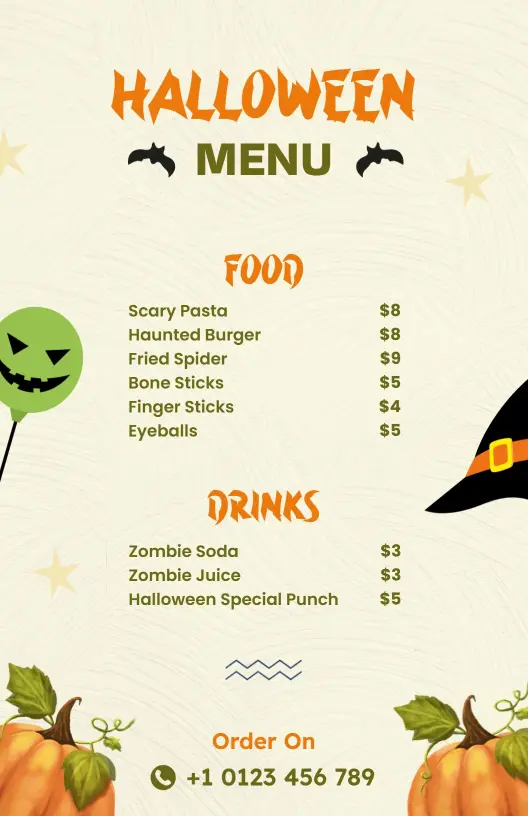 Witch Hat and Bat Decorated Halloween Party Menu Template