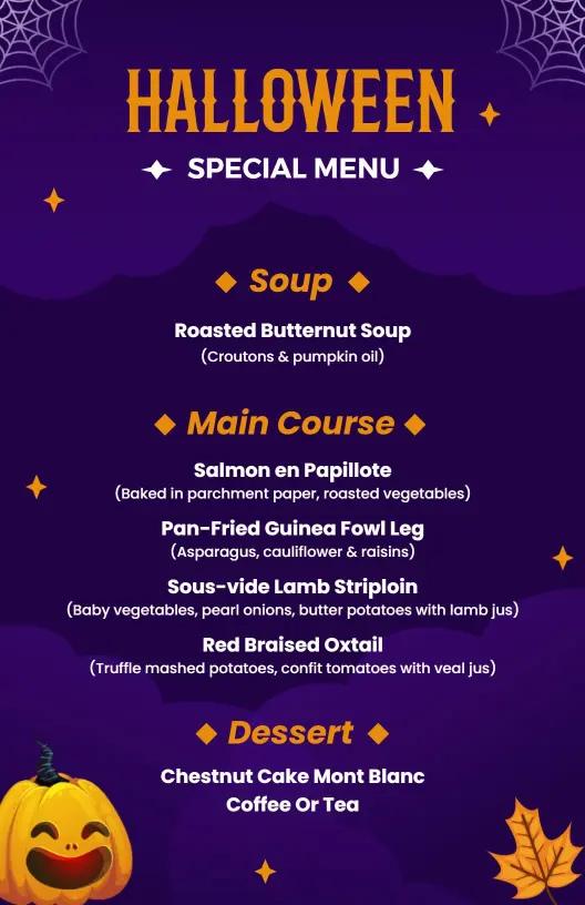 Witchy Purple Halloween Party Gastronomic Menu Template