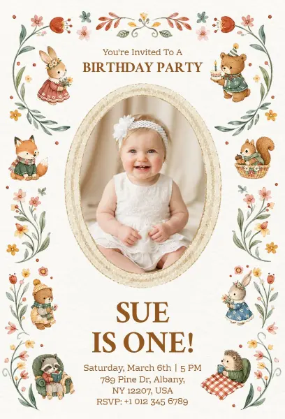 Woodland Animals Themed First Birthday Invitation Template