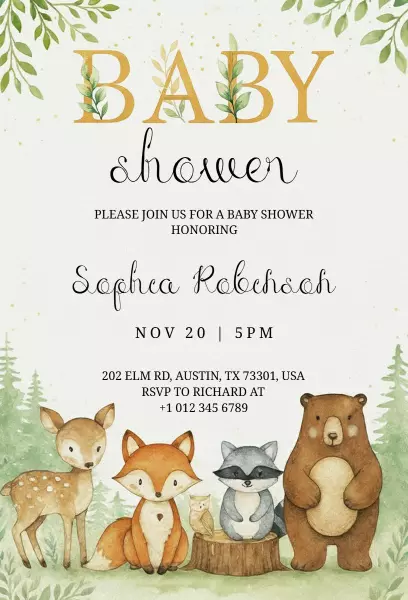 Woodland Creatures Themed Baby Shower Invitation Template