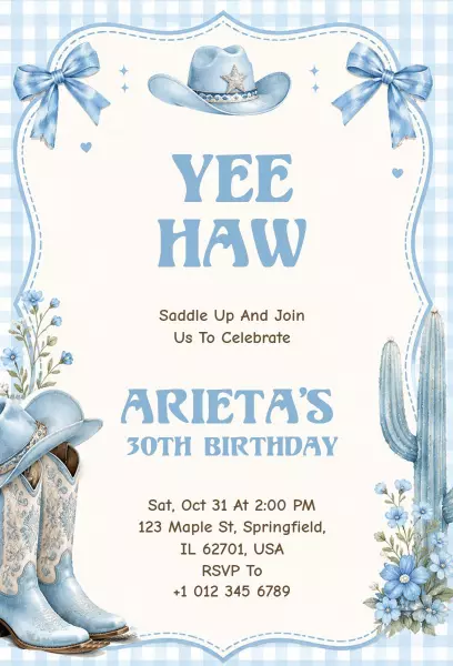 Yee Haw Cowgirl Themed 30th Birthday Celebration Invitation Template