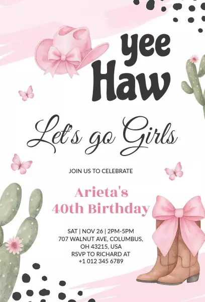 Yee Haw Cowgirl Themed 40th Birthday Celebration Invitation Template