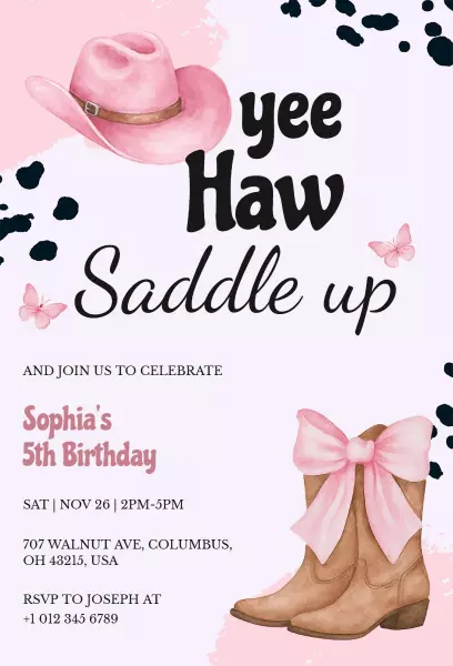 Yee Haw Cowgirl Themed Birthday Celebration Invitation Template
